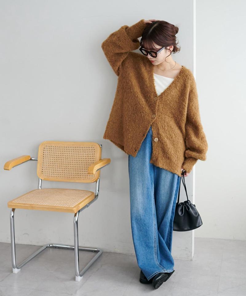 【柔らか素材/15色展開】MIXブークレシャギー配色Vネックカーディガン《WEB限定》