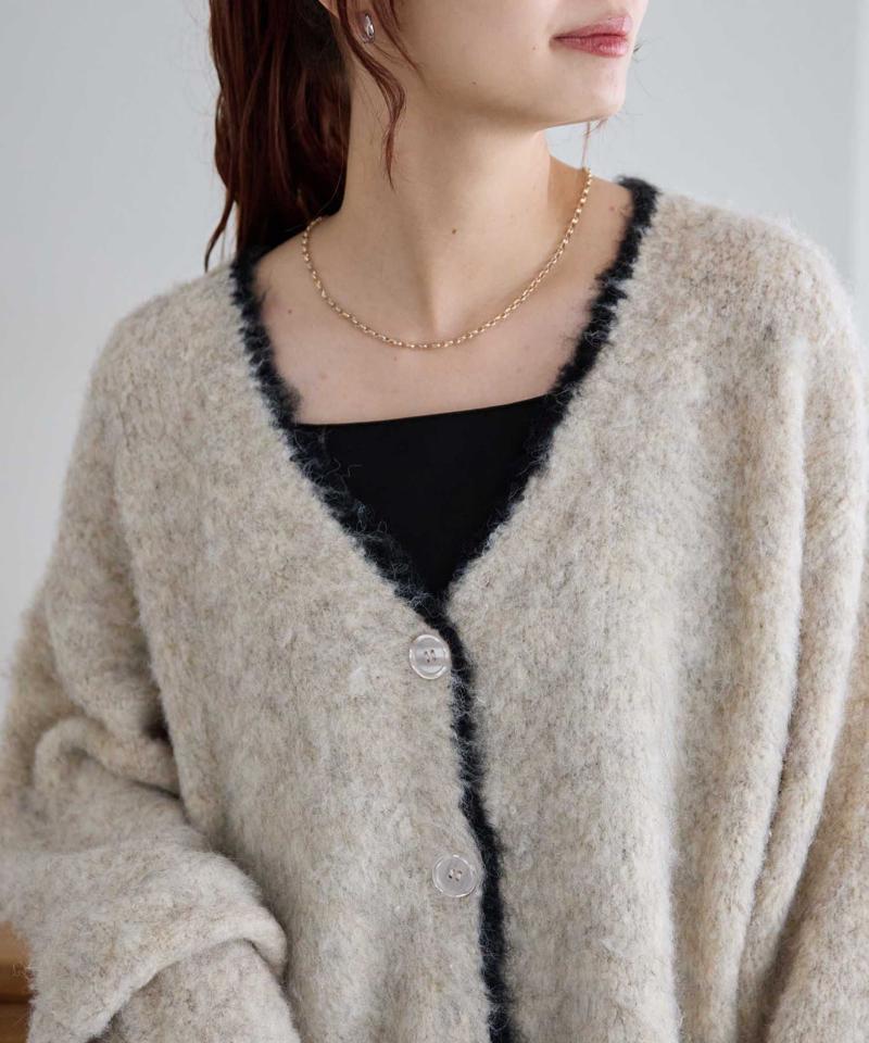 【柔らか素材/15色展開】MIXブークレシャギー配色Vネックカーディガン《WEB限定》