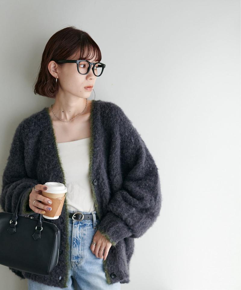 【柔らか素材/15色展開】MIXブークレシャギー配色Vネックカーディガン《WEB限定》