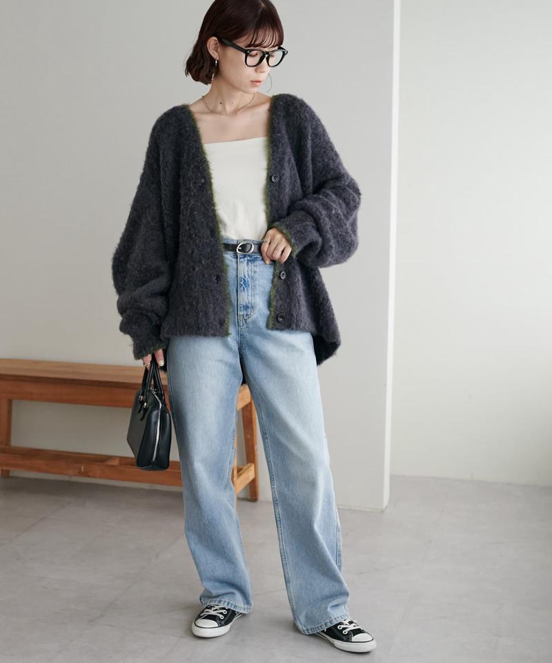 【柔らか素材/15色展開】MIXブークレシャギー配色Vネックカーディガン《WEB限定》