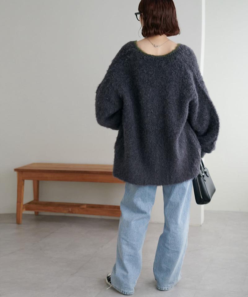 【柔らか素材/15色展開】MIXブークレシャギー配色Vネックカーディガン《WEB限定》