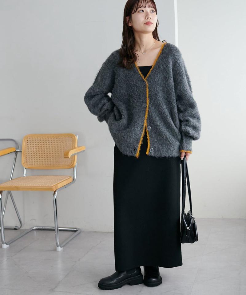 【柔らか素材/15色展開】MIXブークレシャギー配色Vネックカーディガン《WEB限定》