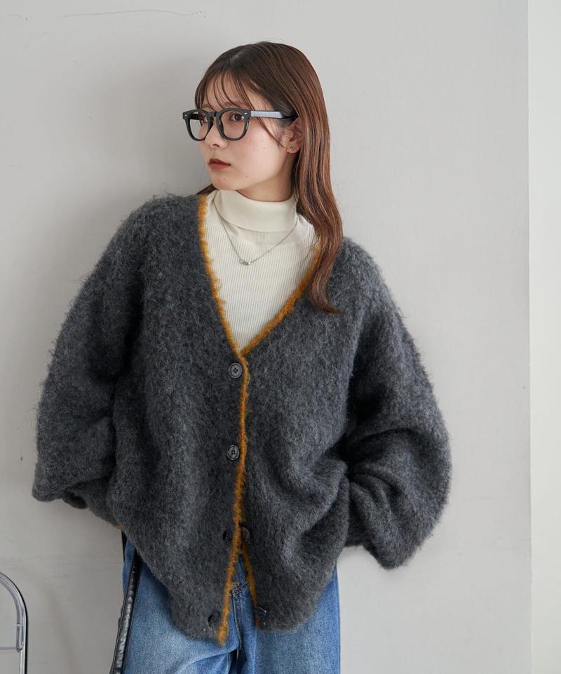 【柔らか素材/15色展開】MIXブークレシャギー配色Vネックカーディガン《WEB限定》