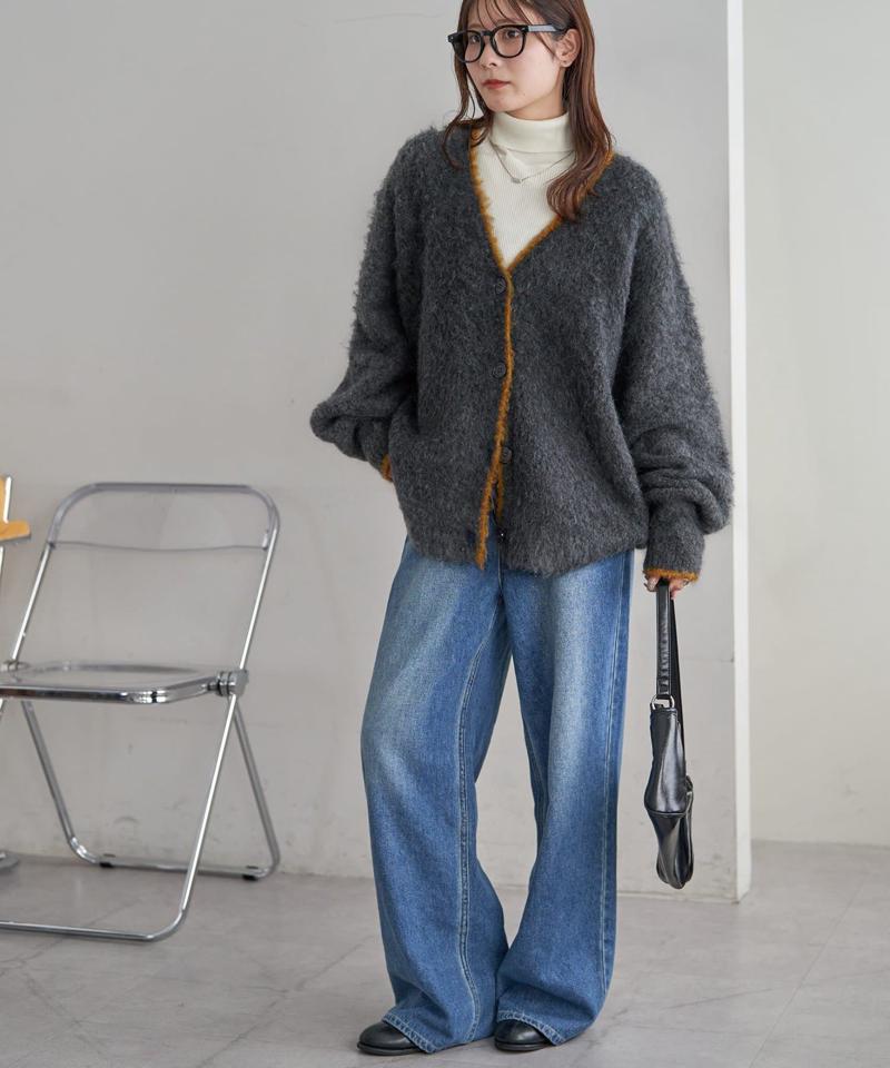【柔らか素材/15色展開】MIXブークレシャギー配色Vネックカーディガン《WEB限定》