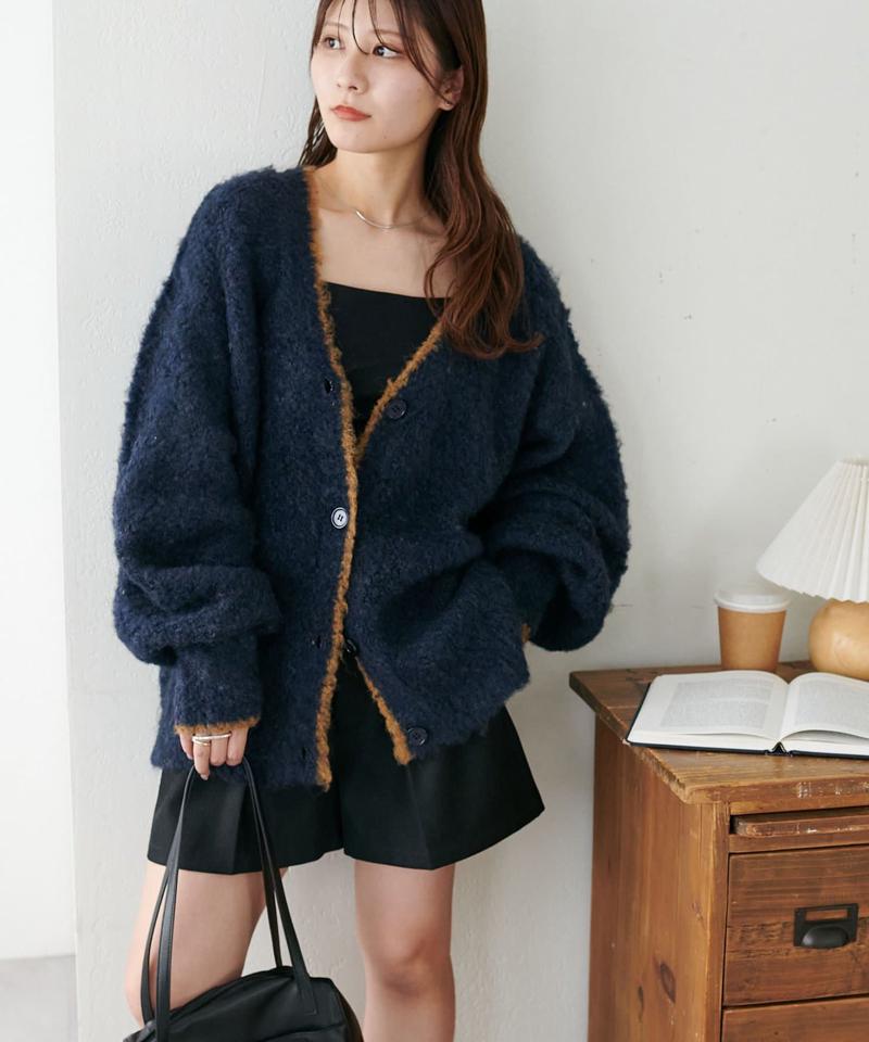 【柔らか素材/15色展開】MIXブークレシャギー配色Vネックカーディガン《WEB限定》