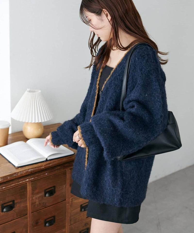 【柔らか素材/15色展開】MIXブークレシャギー配色Vネックカーディガン《WEB限定》