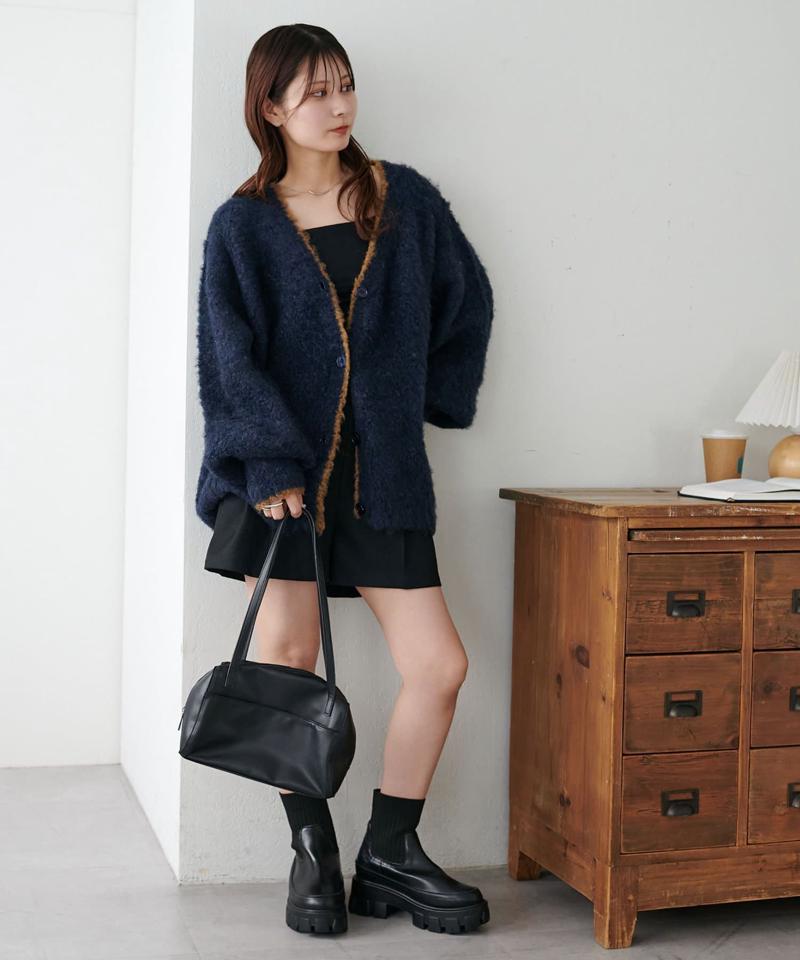 【柔らか素材/15色展開】MIXブークレシャギー配色Vネックカーディガン《WEB限定》