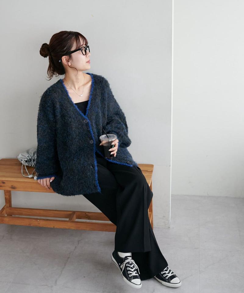 【柔らか素材/15色展開】MIXブークレシャギー配色Vネックカーディガン《WEB限定》