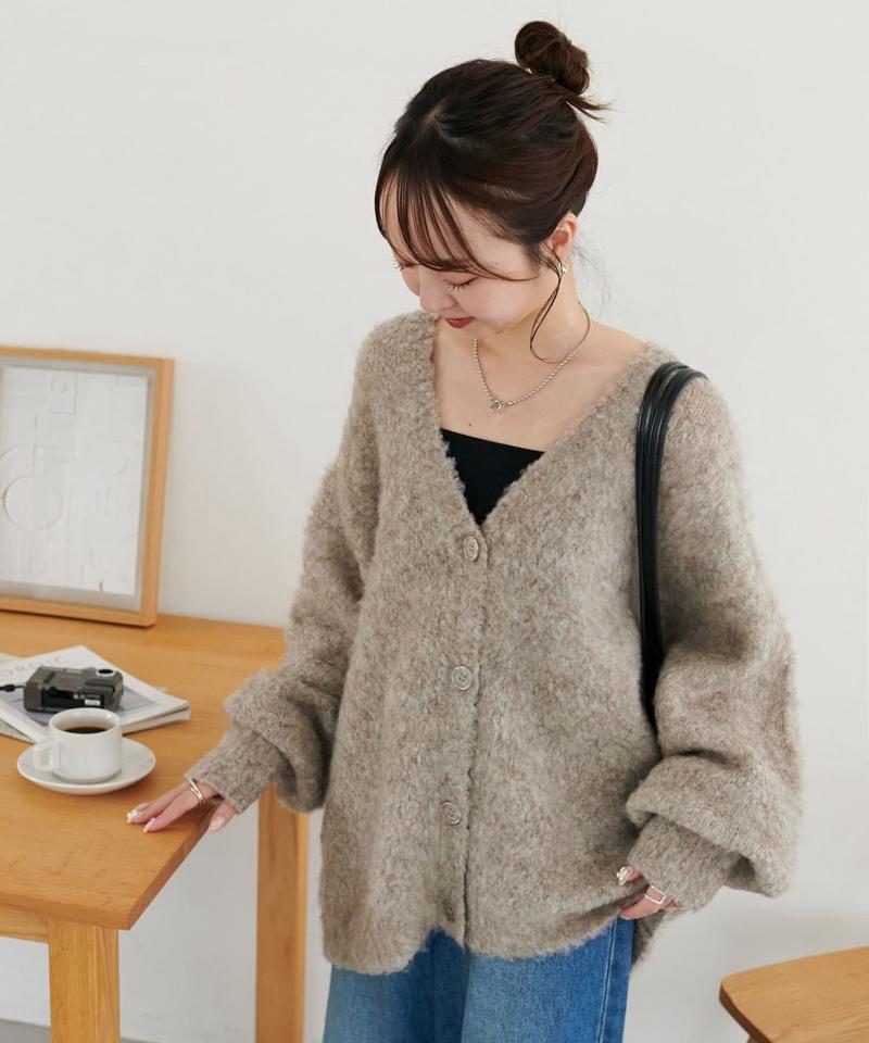 【柔らか素材/15色展開】MIXブークレシャギー配色Vネックカーディガン《WEB限定》