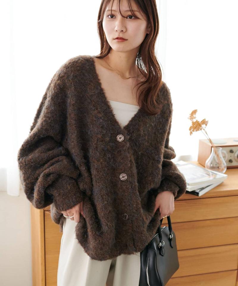 【柔らか素材/15色展開】MIXブークレシャギー配色Vネックカーディガン《WEB限定》