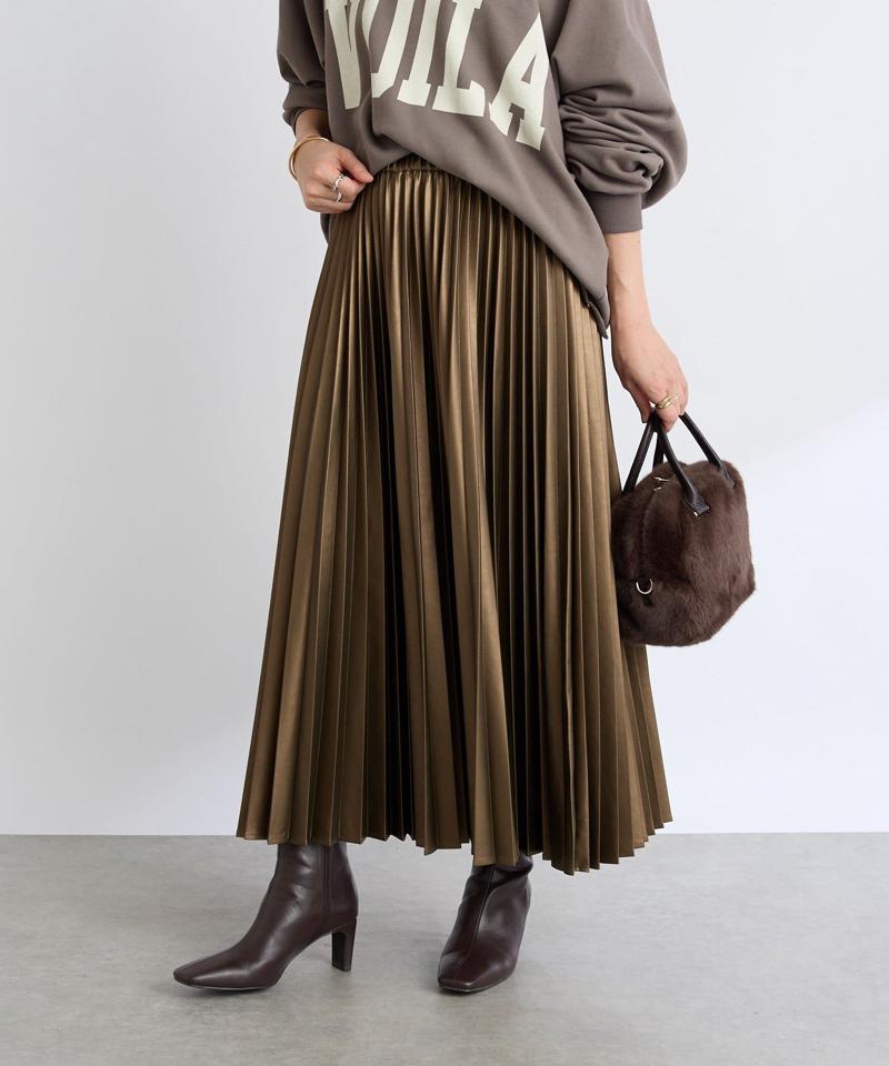 【リバイバル/ウエストゴムで着やすい】レザーライクプリーツスカート