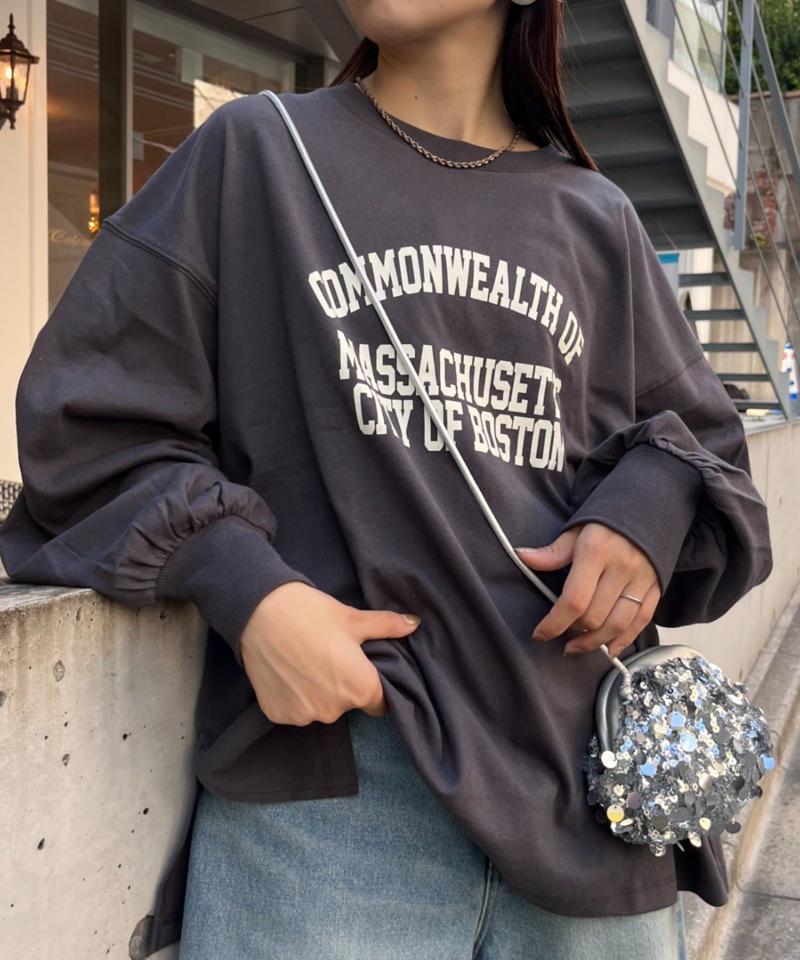 USAコットンプリント袖ボリュームスリーブロゴロンTee