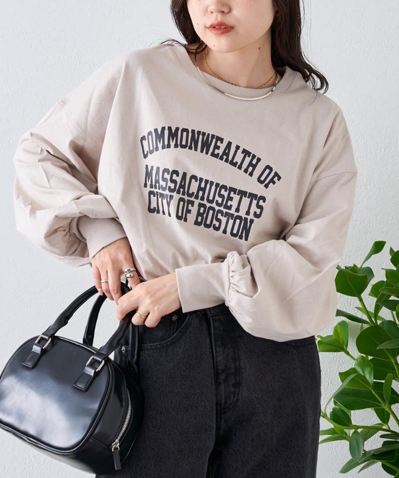 USAコットンプリント袖ボリュームスリーブロゴロンTee