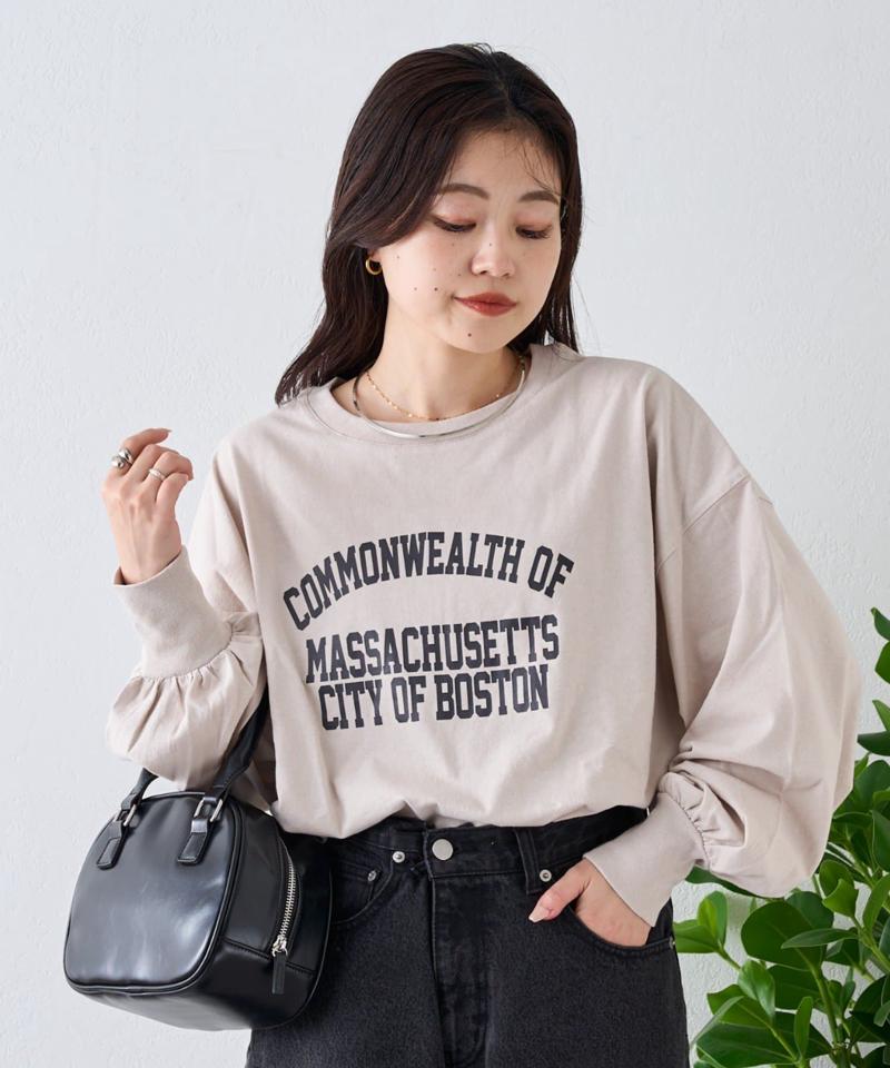USAコットンプリント袖ボリュームスリーブロゴロンTee