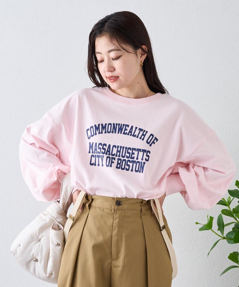 USAコットンプリント袖ボリュームスリーブロゴロンTee