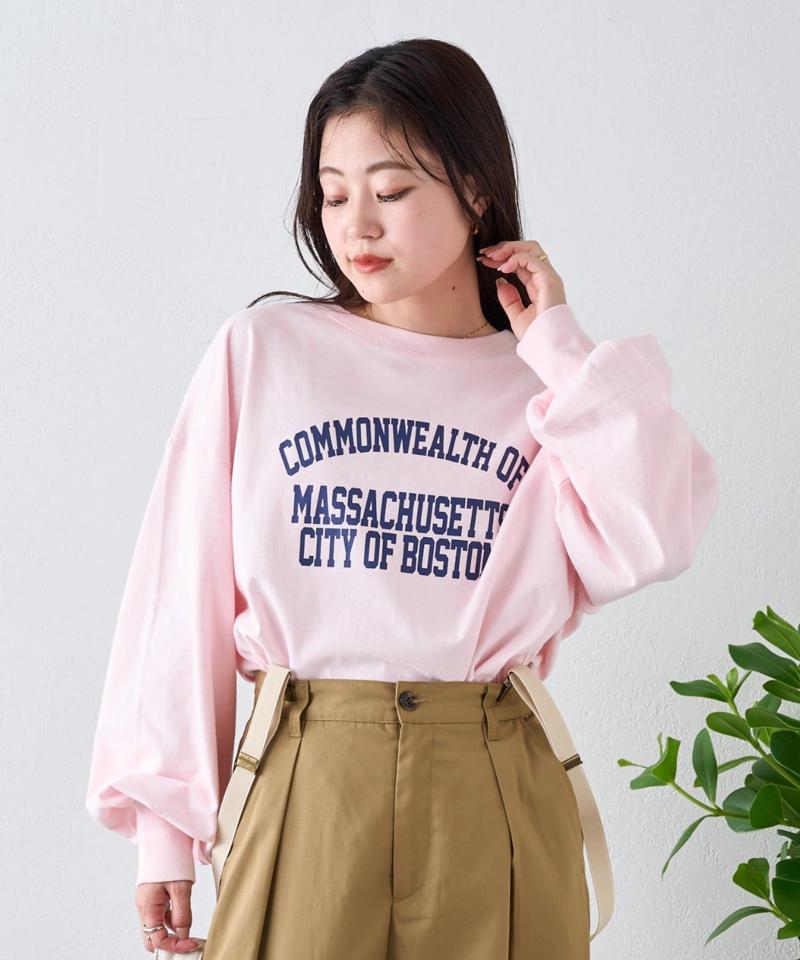 USAコットンプリント袖ボリュームスリーブロゴロンTee