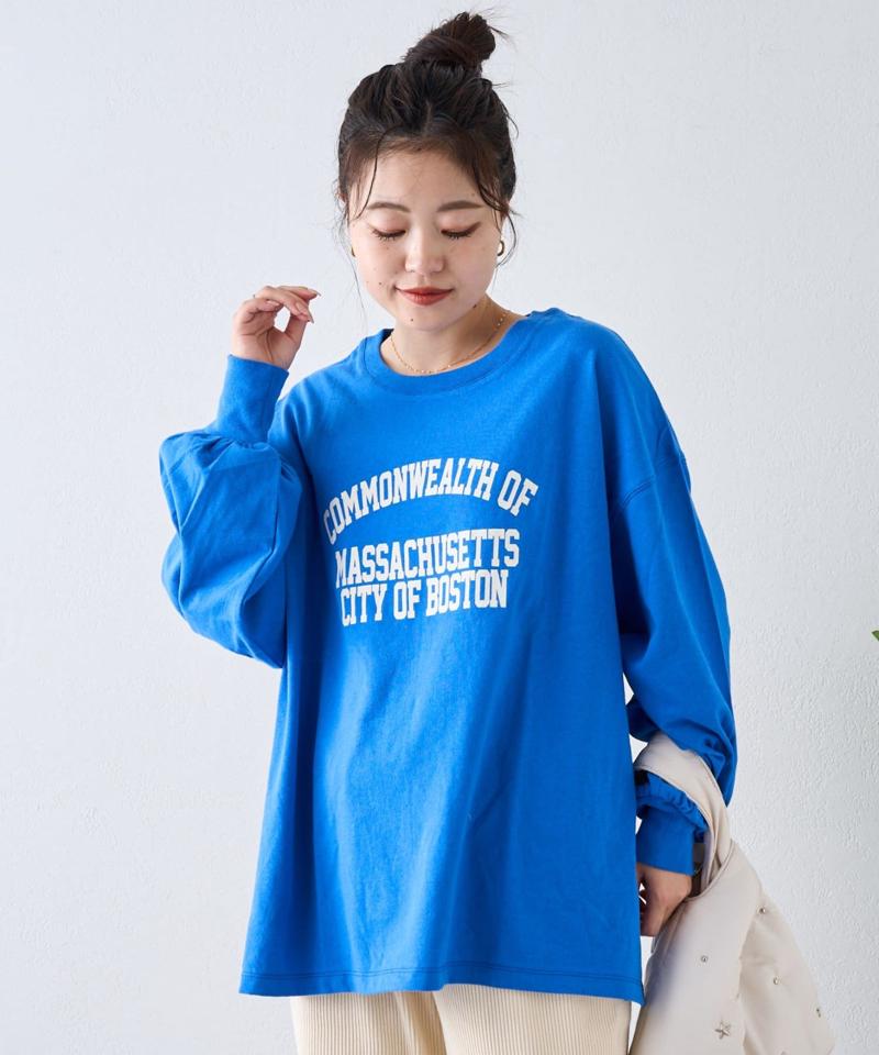 USAコットンプリント袖ボリュームスリーブロゴロンTee