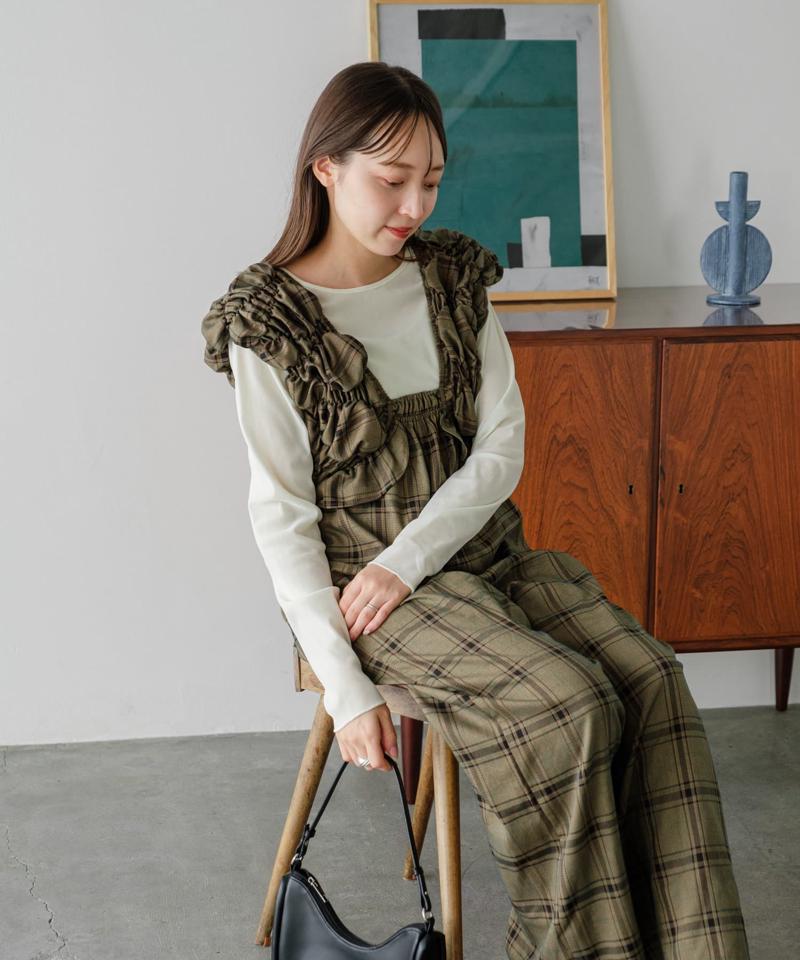 【低身長サイズ/2サイズ展開】シャーリングギャザーサロペ