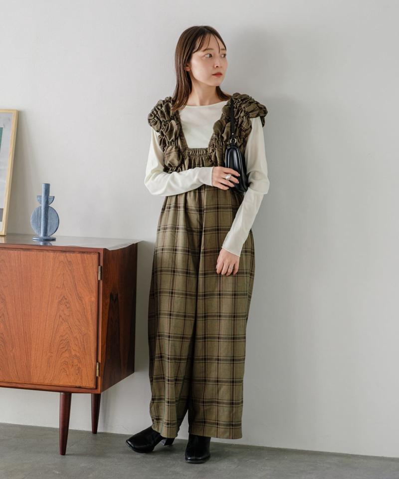 【低身長サイズ/2サイズ展開】シャーリングギャザーサロペ