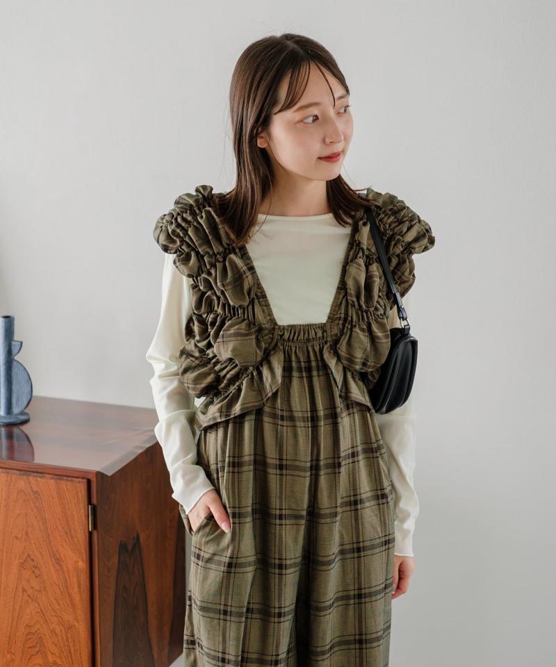 【低身長サイズ/2サイズ展開】シャーリングギャザーサロペ