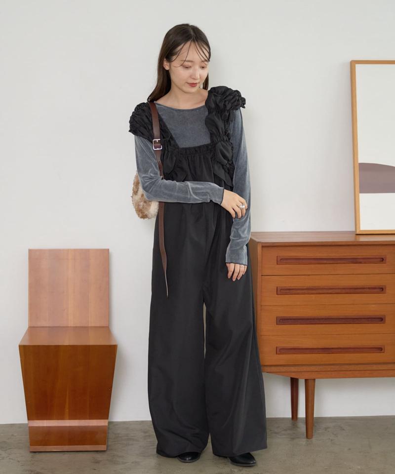 【低身長サイズ/2サイズ展開】シャーリングギャザーサロペ