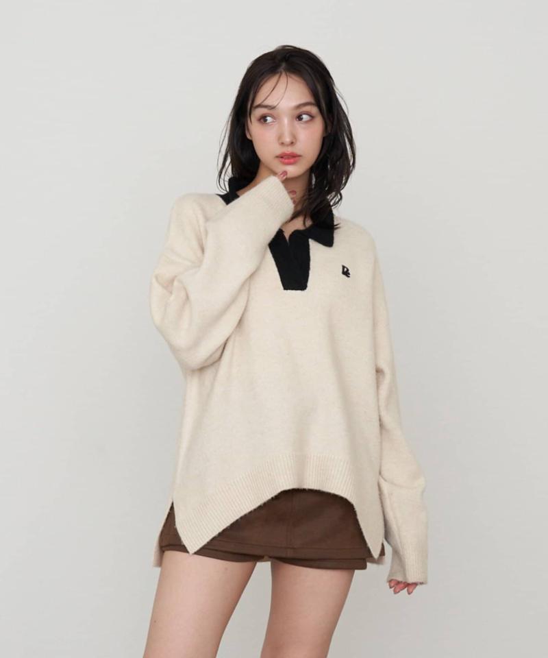 【WEB限定 / リバイバル】スキッパーポロ刺繍ニット　/　襟付きニット