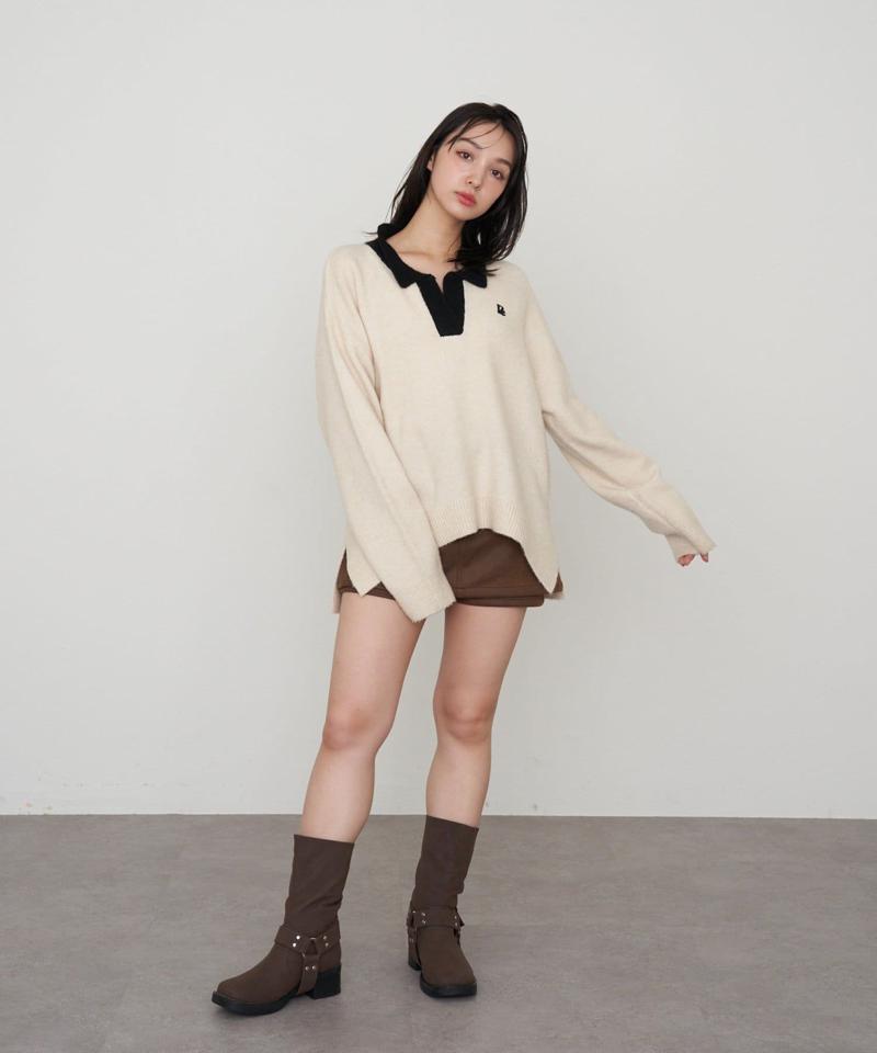 【WEB限定 / リバイバル】スキッパーポロ刺繍ニット　/　襟付きニット