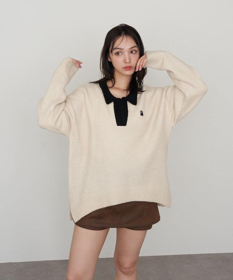 【WEB限定 / リバイバル】スキッパーポロ刺繍ニット　/　襟付きニット