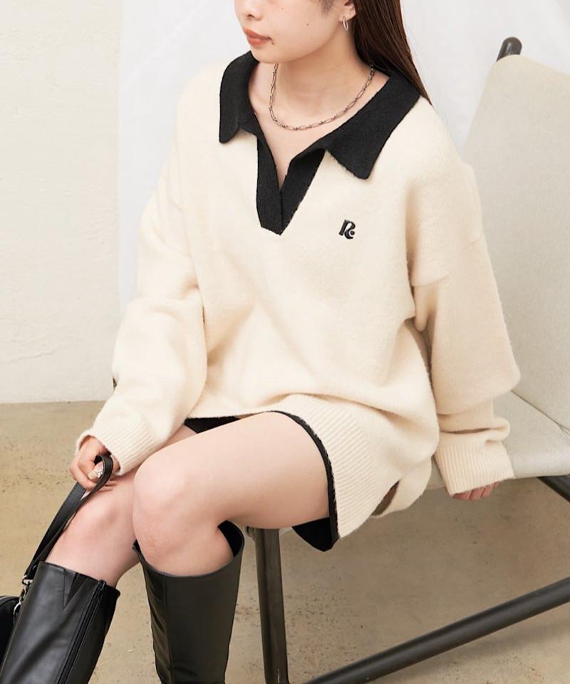 【WEB限定 / リバイバル】スキッパーポロ刺繍ニット　/　襟付きニット
