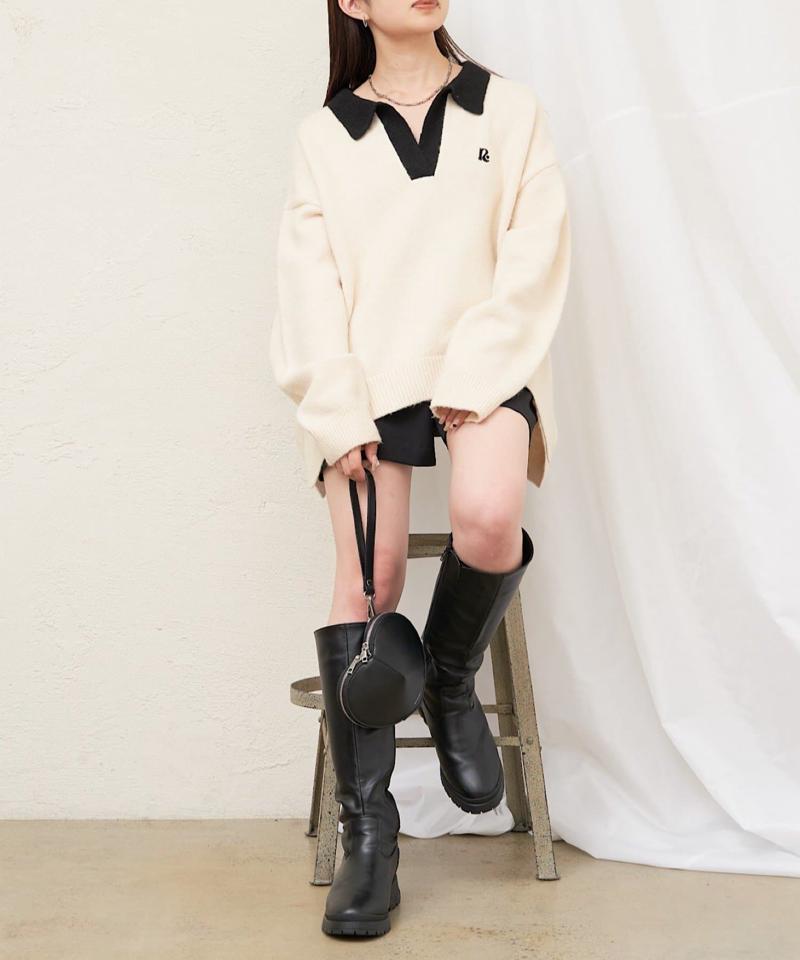 【WEB限定 / リバイバル】スキッパーポロ刺繍ニット　/　襟付きニット