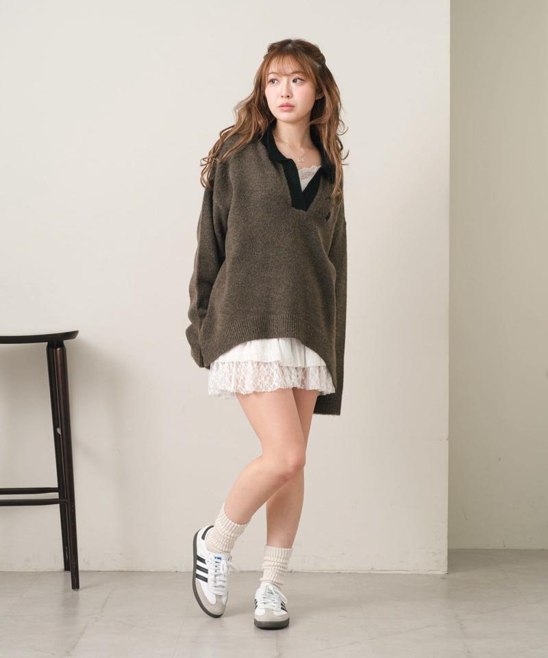 【WEB限定 / リバイバル】スキッパーポロ刺繍ニット　/　襟付きニット