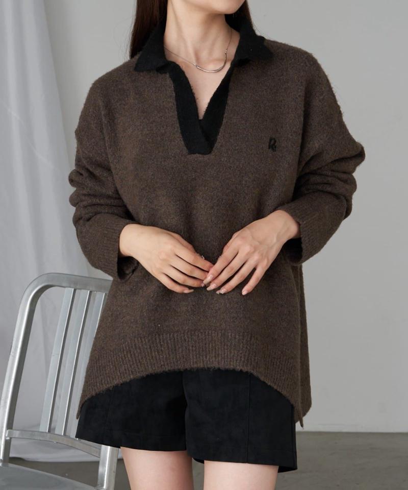 【WEB限定 / リバイバル】スキッパーポロ刺繍ニット　/　襟付きニット