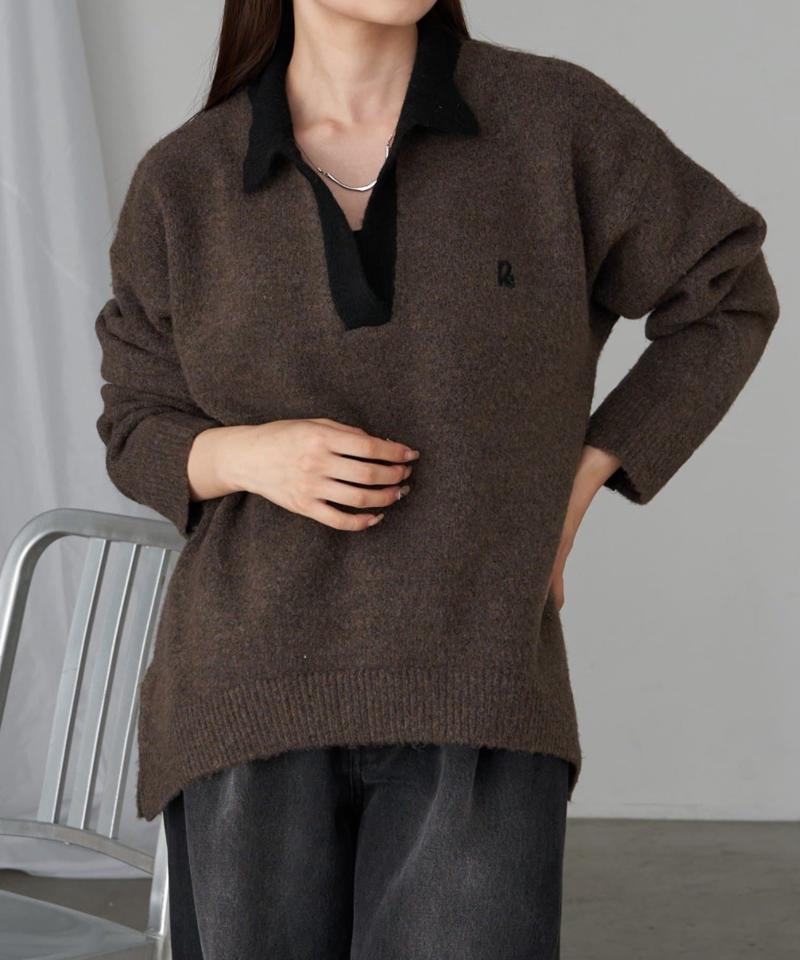 【WEB限定 / リバイバル】スキッパーポロ刺繍ニット　/　襟付きニット