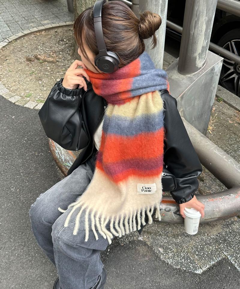太フリンジマルチボーダーボリュームマフラー