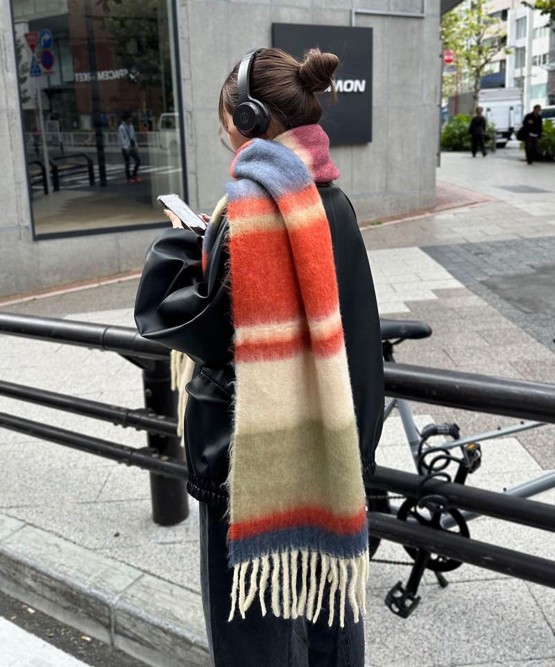 太フリンジマルチボーダーボリュームマフラー