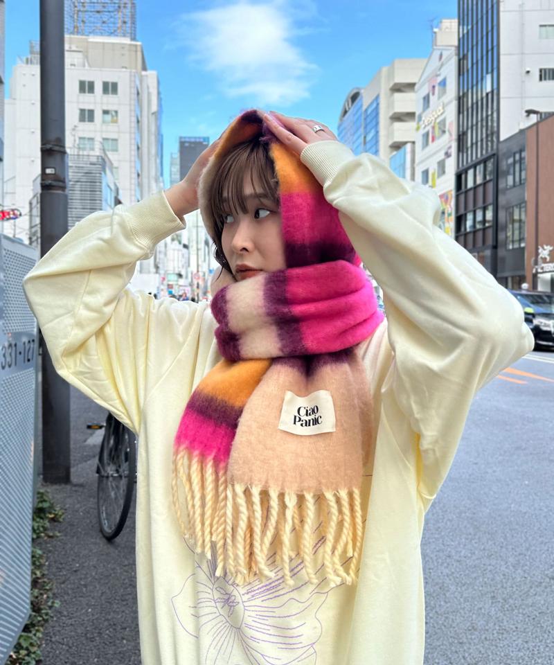 太フリンジマルチボーダーボリュームマフラー