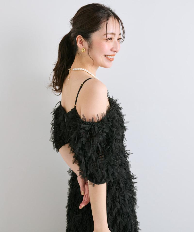【大人っぽシルエット】リボンチュールワンピース