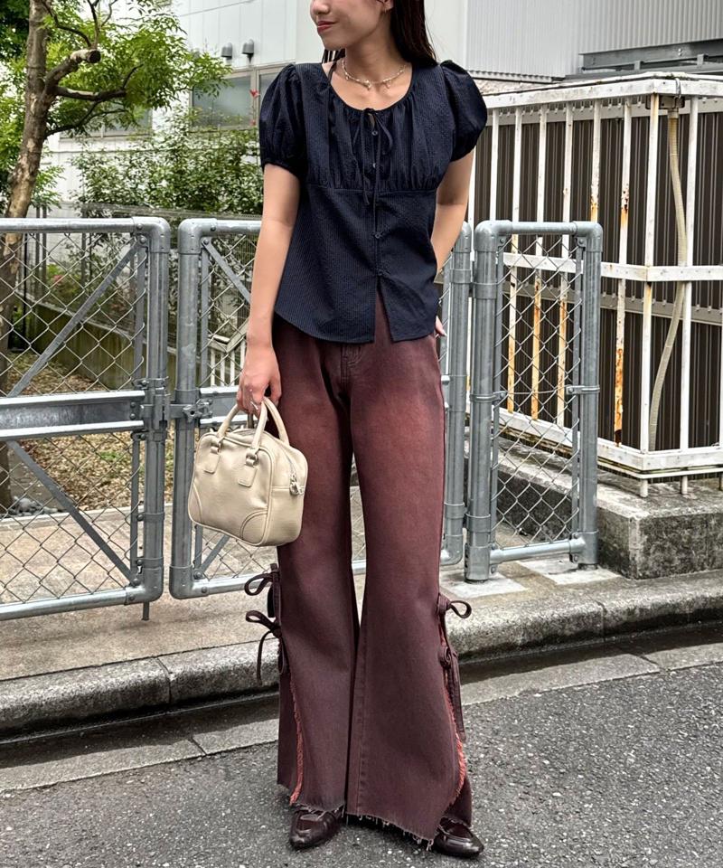 裾リボンハイウエストフレアデニム