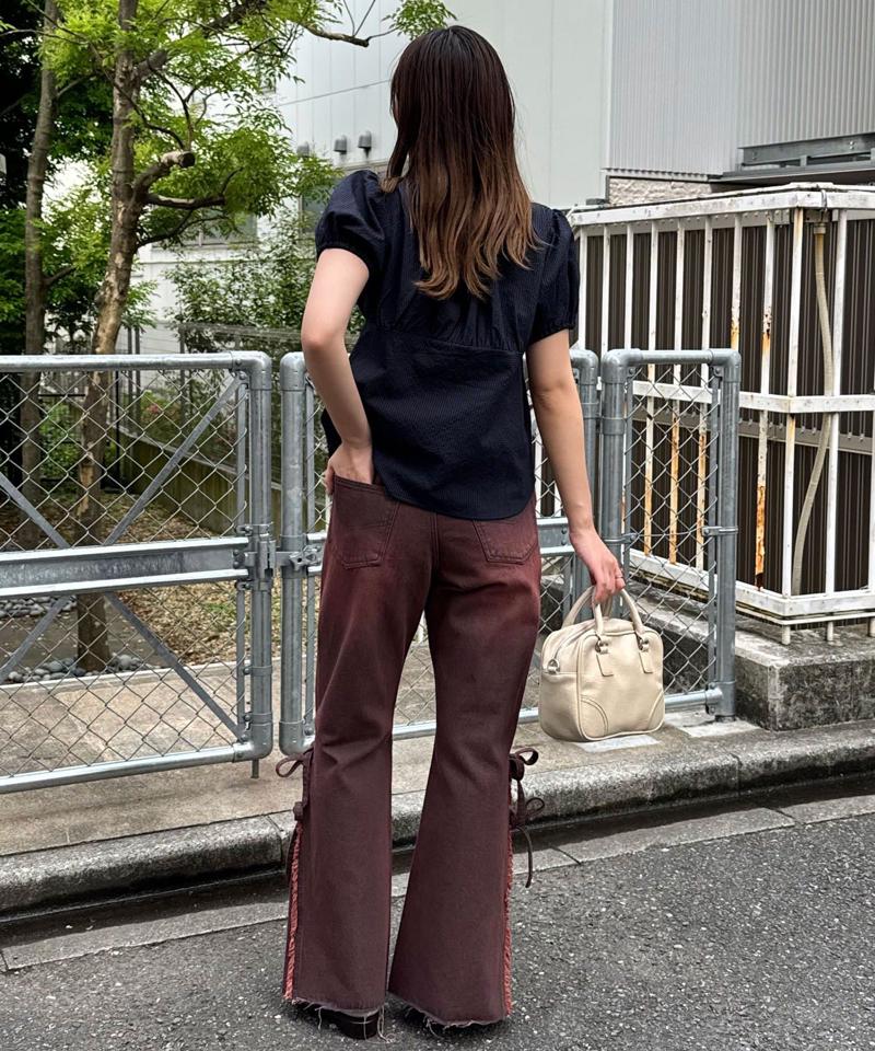 裾リボンハイウエストフレアデニム