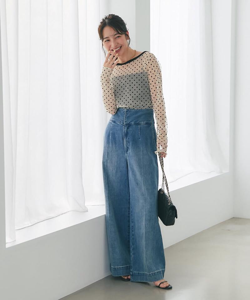 【美脚見え】バックレースアップデニムワイドパンツ