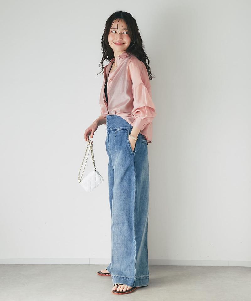 【美脚見え】バックレースアップデニムワイドパンツ