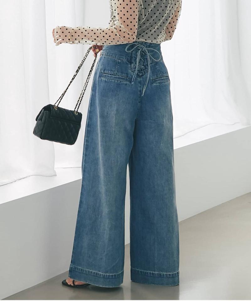 【美脚見え】バックレースアップデニムワイドパンツ