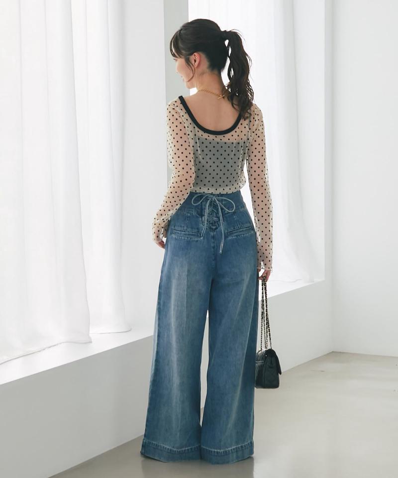 【美脚見え】バックレースアップデニムワイドパンツ