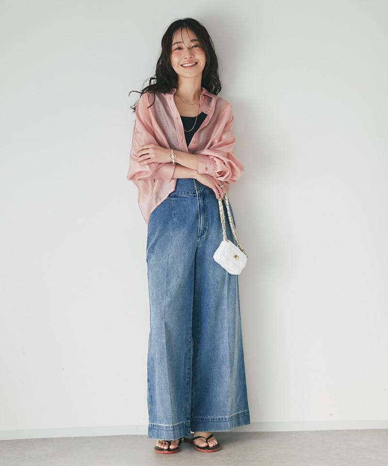 【美脚見え】バックレースアップデニムワイドパンツ