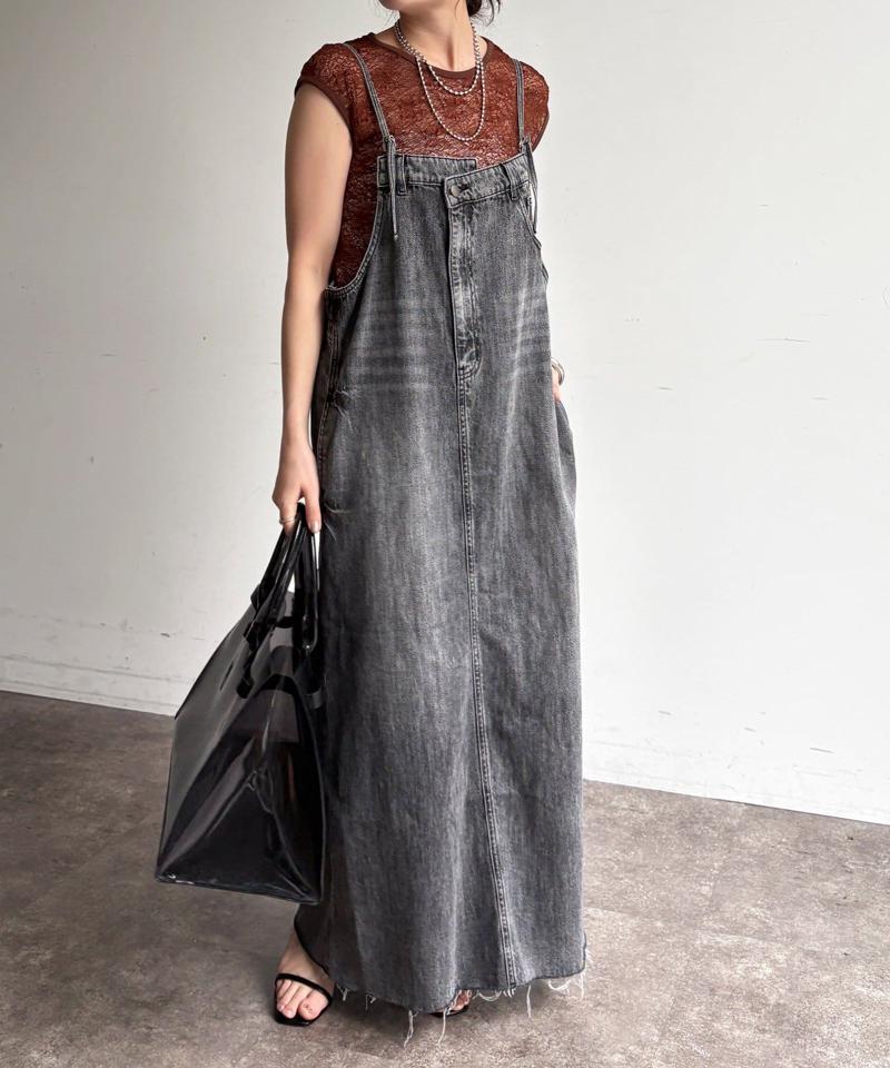 【体型カバー/低身長サイズあり】裾フリンジデニムジャンスカ