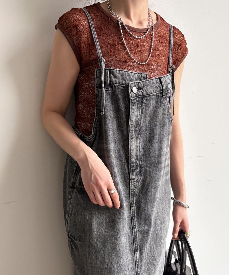 【体型カバー/低身長サイズあり】裾フリンジデニムジャンスカ