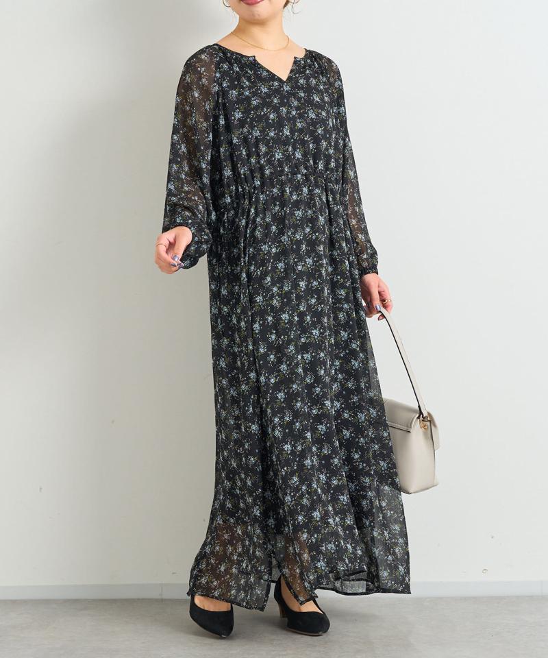 ウエスト絞り花柄シアーワンピース