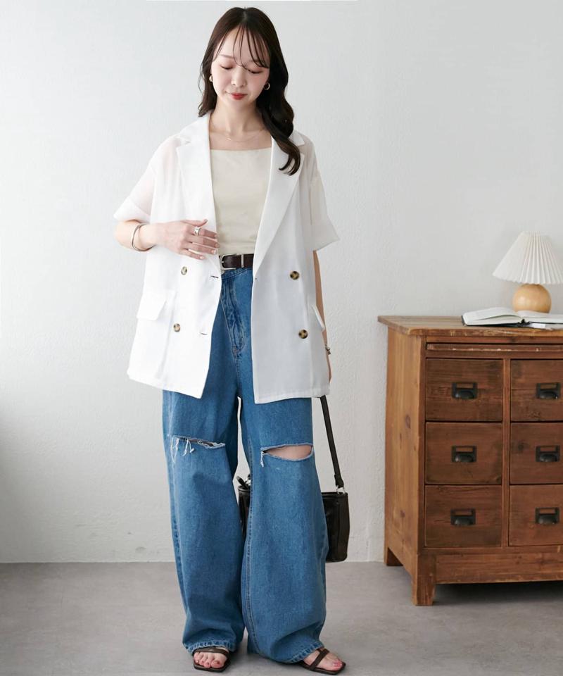 【程よい透け感】半袖シアーテーラードジャケット《WEB限定》