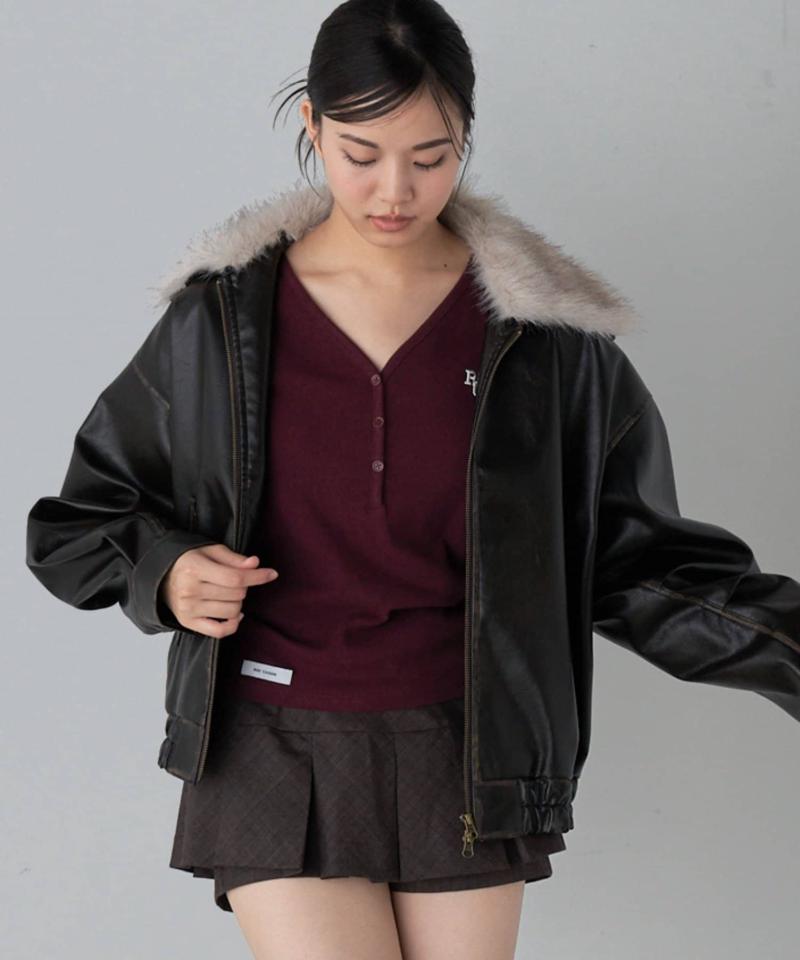 【華奢見えが叶う/追加生産決定】Vネックヘンリー胸刺繍ロングTシャツ