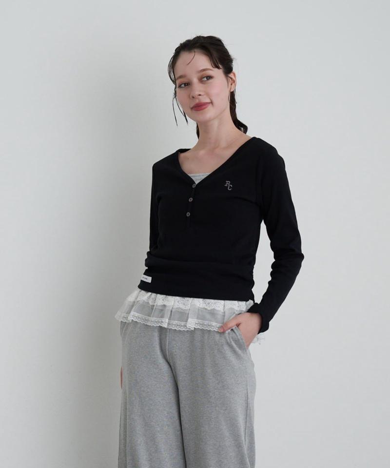 【華奢見えが叶う/追加生産決定】Vネックヘンリー胸刺繍ロングTシャツ